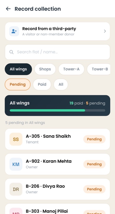 Kosh mobile app collection screen listing pending units to collect from.