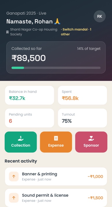 Kosh mobile app home screen showing live festival totals for a committee member.